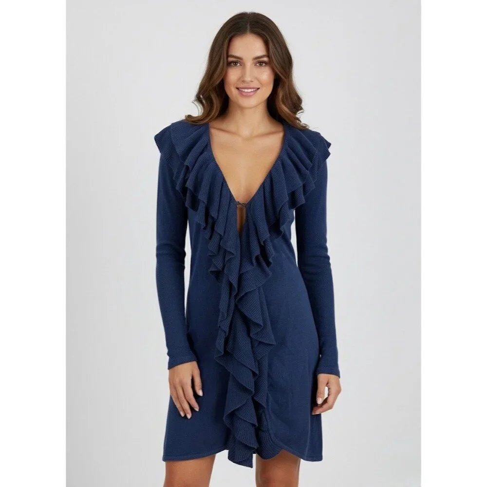 Vintage Y2K I.N.C Blue Ruffled Silk Cotton Cardigan | Coquette Minimalist Boho M - Picture 1 of 14